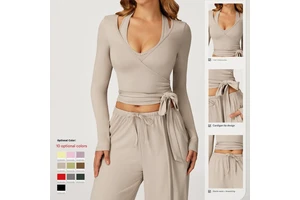 Lanyu Elegant Women's Luxury Ballet Wrap Top With Soft Elastic Side Tie Long Sleeves Front Logo Yoga Pilates Dancing Tops