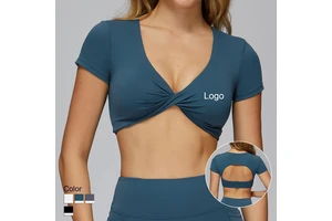 Women's Sexy Deep V Neck Short Sleeve Crop Top-Fitness Fashion Quick Dry Spandex/Nylon Workout Bra Padded Tops Fit