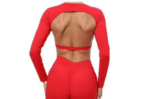 Women's Long Sleeve Winter Sports Open Back Workout Padded Yoga Top Breathable Crop Gym Shirts Skinny Fit Front Logo