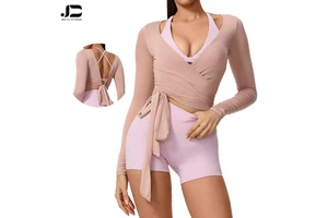 New Style Long Sleeve Yoga Suit V-neck Wrap Strap Breathable Yoga Top Pilates Advanced Sense Fitness Blouse Sports Blouse