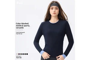Fake Two-Piece Pleated Long-Sleeve Breathable 100% Nylon Women's Waist-Cinching Tight-Fitting Designer Base-Layer Top Yoga