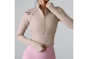 Ladies Gym Long Sleeve Zip Neck Short Style Tops Ladies Yoga Outdoor Sports Shirts Half Zip