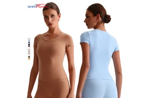 Women Wholesale Custom Logo Yoga Short Sleeves Shirt Nylon Sports Top Plus Size T-shirt Sport Fitness Clothes Yoga Short Wear