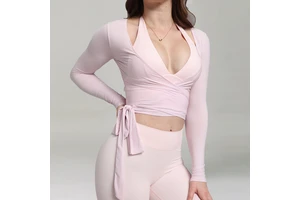 Custom Long Sleeve Top Workout Dance T-Shirt Women Sportswear Open Front Ballet Wrap Wrap Top Fitness Gym Pilates Yoga Shirts