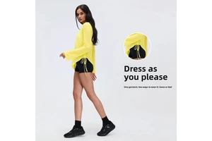 Loose-fitting Sports Long-sleeve Blouse Women V-neck Drawstring Waist Slimming Yoga Wear Casual Fitness T-shirt 100% Polyester