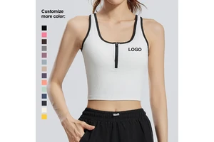 Women's High Neck Slim Fit Crop Tank Top New Polyester Spandex Half Zip Gym Yoga Fitness Crop Top Built-In Plus Size Seamless