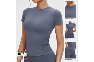 CNSHELL Seamless Round Neck Fitness Sports Short Sleeves T-Shirt Yoga Tops Outdoor Running Slim Top