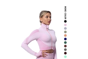 Long Sleeves Nylon Spandex Women Seamless Zipper Sports Yoga Sport Crop Top
