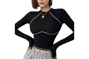 Hao Qian Women's Yoga Wear for Long Sleeve Slim Fit Simple Quick Dry Solid Sports Top for Aerobics Pilates Running