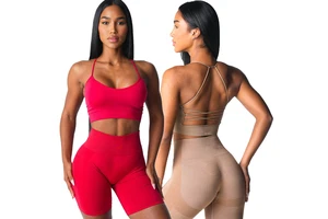 Women Spaghetti Strap Open Back Yoga Sports Bra Lady Round Neck Seamless Gym Vest Female Nylon Crop Running Top