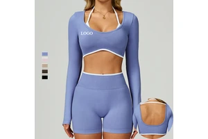 Custom Color Contrast Seamless Long Sleeve Halter Workout Active Tops U Back Quick Dry Breathable Women Fitness Yoga Crop Tops