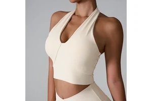 European American Cross-Border Sports Bra Lightweight Halter Neck Yoga Vest Front Tight-Fitting Ribbed Bra Girls Yoga Top
