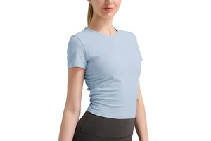 Women's Ribbed Short Sleeve Crop Top Ruched Yoga Shirt Slim-Fit Activewear T-shirt for Gym & Casual Wear