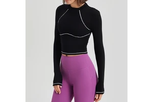 Autumn Winter Women's Long Sleeve Mousse Tight Fitness & Running Yoga Top Colorblock Shockproof Quick Dry Sportswear