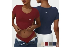 Women Activewear Casual Short Sleeve V-Neck Shirts Workout Running Tight Slim Fitness Gym Sports T-shirt Clothes Yoga Tee Tops