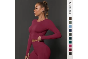Seamless Solid Color Pleated Workout Sports Long-sleeved T-Shirt High Elastic Breathable Running Fitness Yoga Gym Cropped Top