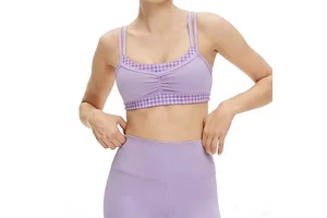 Double Layer 2 in 1 Yoga Workout Bras Fashion Checkered Pattern Sports Bra Contrast Color Crop Tank Top Women