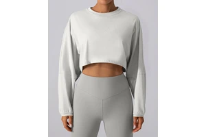 Women's Sports Round Neck Short Sweatshirt Tshirt Base Shirt Yoga Running Loose Long Sleeve Cropped Top