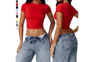Women's Crew Neck Yoga Top Breathable Quick Dry Sweat-Wicking 4-Way Stretch Short Sleeve Slim Fit Workout T-Shirt