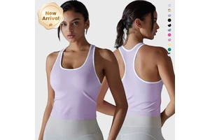 Women's Four Way Stretch Nylon Active Tank Top Lightweight Breathable Gym Yoga Running Fitness Vest Ribbed Design for Sports