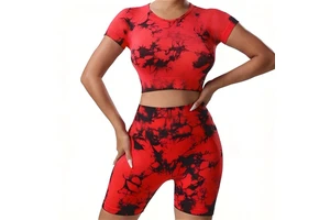 Women 2 Piece Tie Dye Yoga Sets Seamless Crop Top & High Waist Biker Shorts Workout Outfits for Gym Running