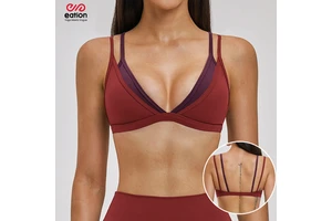 Custom Layered Look Sports Bra for Women Deep V Back Straight Strap V Neck Naked Feel Yoga Crop Top Gym Fitness Activewear