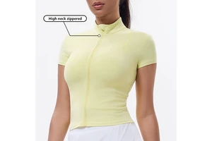 Tight 80%Nylon 20%Spandex High Neck Zippered T-Shirt Slim High Stretch Crop Top Women Sports Fitness Yoga Short SleeveJacket