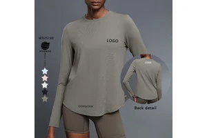 Xsunwing New Round Neck Elastic Yoga T-shirt Loose Fitness Top Casual Long Sleeve Running Workout Sport Shirts for Women WD25148