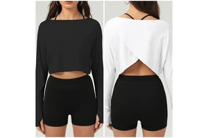 Women Long Sleeve Top with Thumb Holes Quick-dry Athletic One-Shoulder Hollow Lightweight Breathable Running Back Yoga Top
