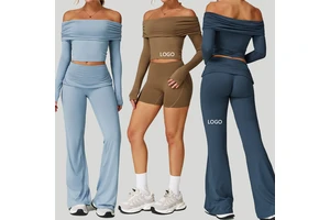 Wholesale off Shoulder Women's Yoga Set for Outdoor Fitness Comfortable Breathable High Quality Long Sleeve Custom logo