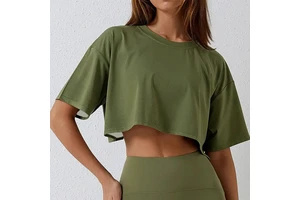 Basic Solid Color Breathable Ultra-Short Yoga Top with Crew Neck & Sexy Half Sleeve Polyester/Nylon Loose Fit