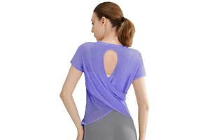 Casual Lightweight Short Sleeve Gym Shirts Cross Back Hollow Loose Fit Yoga Athletic T-Shirts Running Top for Women