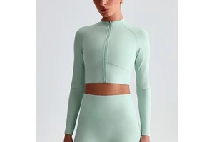 Ribbed Full Zipper Long Sleeve Crop Top Lightweight Breathable Sweat-Wicking Quick Dry Four-Way Stretch Spandex/Nylon Yoga