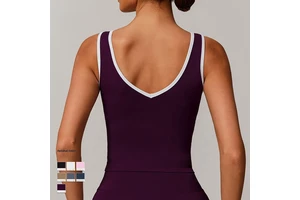 Women's Contrast Color Athletic Tank Top Tight Fitting Quick Dry V-shaped Back Yoga Shirt for Running Casual Workout Gym Wear