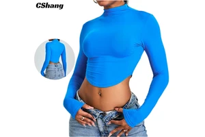 Women's Long Sleeve Fitness Crop Top Turtleneck Gym Sports Shirt Yoga Running Stretchy Breathable Quick Dry Lightweight