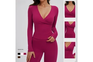 Long Sleeve Activewear Top Cross V Neck Slim Fit Yoga Workout Stretchy Breathable Ladies Gym Fitness Trendy Sports Shirts