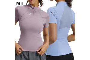 RUIQUWIN Wholesale Custom Women's Breathable Lightweight High Stretch Mesh Half Zip Yoga Top Tight Short Sleeve Running Workout