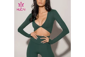 HUCAI Custom Logo High Quality Womens Sexy Twist Front Long Sleeve Fitness Workout Yoga T Shirt Gym Crop Top