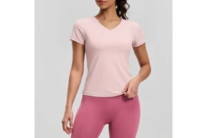 New Peach V-neck Short-sleeved Quick Dry Breathable Slim Yoga Sportswear Top with Front logo for Women