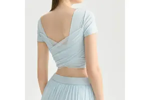 Women Ballet Wrap Tops Going Out Slim Fit V Neck Workout Yoga Pilates Top Tie up Short Sleeve T Shirt with Fingers