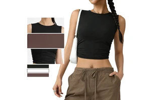 Women's Sleeveless Breathable Lightweight Four-Way Stretch Crew Neck Skinny Fit Solid Sports Tank Top Waist Slim Yoga Blouse