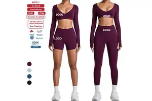 Custom Womens Breathable Soft Stretch Gym Outfit Fitness Training Long Sleeve Top Pants And Shorts 3 Piece Activewear Set