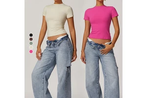 New Oversize Casual Fitness T-shirt Yoga Short Sleeve Cropped Running Top Women's Quick-drying Nude Feel Sports Wear