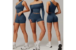 Asymmetric Off-The-Shoulder Long Sleeve Yoga Set High Waist Shorts 2 Piece Solid Color Spandex Polyester Seamless Workout Wear