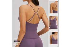 Women's Sports Bra Tank Top Deep V Neck Halter Back Hollow Solid Brushed Nylon Breathable Gym Yoga Fitness Workout Bra Summer