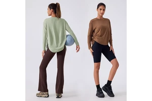 Women Solid Colors Long Sleeve Curved Bottom Scrunch Drawstring Yoga Shirt Fast Dry Round Neck Nylon Casual Running Shirts 2025