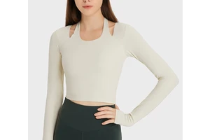 2023 New Women Slim Fit Four-way Stretch Long Sleeve Halter Gym Workout Yoga Tops Fitness Wear