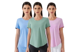 D25017 Women's Plus Size Lightweight Breathable Quick-Dry Yoga Shirt Elastic Casual Loose-Fit Short Sleeve Sports Top
