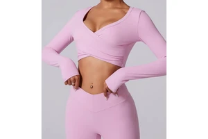 Quick Dry Sports Clothing Deep-V Neck Tight Shirt Running Workout Long Sleeve Tops Gym Fitness Yoga Top for Women