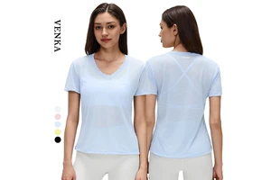 Women 100%Polyester Short Sleeve Running Mesh T-shirt Quick Dry V Neck Backless Sport Fitness Women Breathable Yoga Top T Shirt